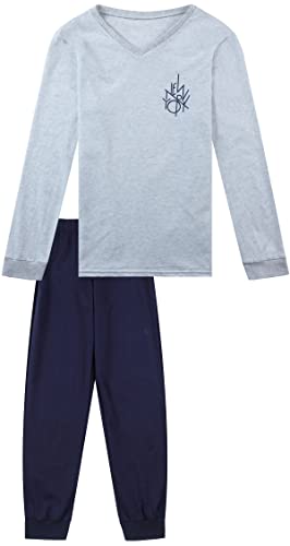 In One Clothing - Jungen Schlafanzug lang, weicher Single-Jersey aus 100% Baumwolle - in Graumelange mit Motiv New York Grösse 164 von In One Clothing