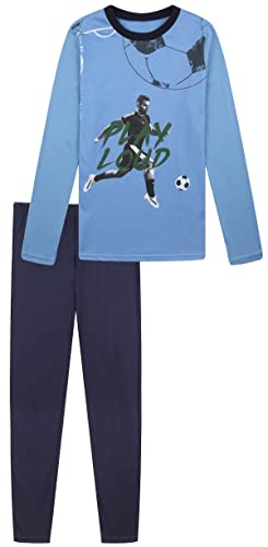 In One Clothing - Jungen Schlafanzug lang, weicher Single-Jersey aus 100% Baumwolle - in blau mit Fussball Motiv Play Loud Fussball Motiv Grösse 140 von In One Clothing