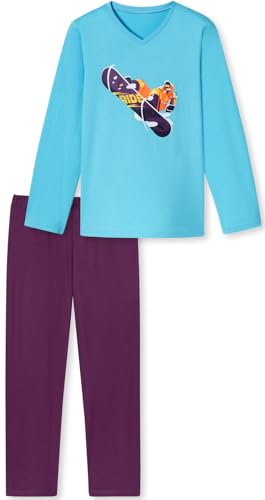 In One Clothing - Jungen Schlafanzug lang, weicher Single-Jersey aus 100% Baumwolle - in türkis-blau mit Snowboarder Motiv in Grösse 116 von In One Clothing