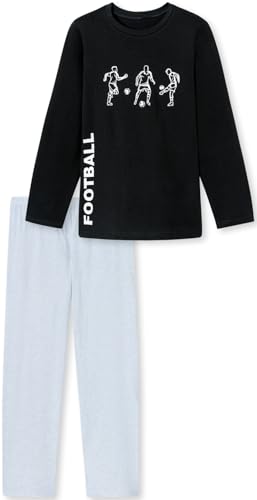 In One Clothing - Jungen Schlafanzug lang, weicher Single-Jersey aus 100% Baumwolle - mit Fussball Motiv Three Players in schwarz Grösse 140 von In One Clothing