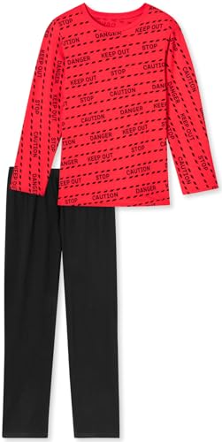 In One Clothing - Jungen Schlafanzug lang, weicher Single-Jersey aus 100% Baumwolle - mit Motiv Keep Out in rot Grösse 140 von In One Clothing