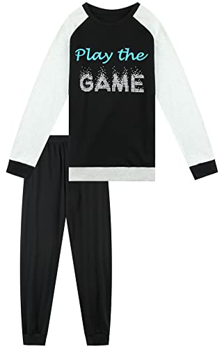 In One Clothing - Jungen Schlafanzug lang, weicher Single-Jersey aus 100% Baumwolle - in schwarz mit Play The Game Motiv Grösse 176 von In One Clothing