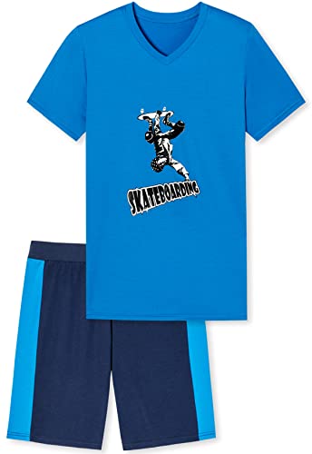 In One Clothing Jungen Schlafanzug mit Bermuda Hose und Fussball oder Skateboard Motiv (152, Skateboard blau) von In One Clothing