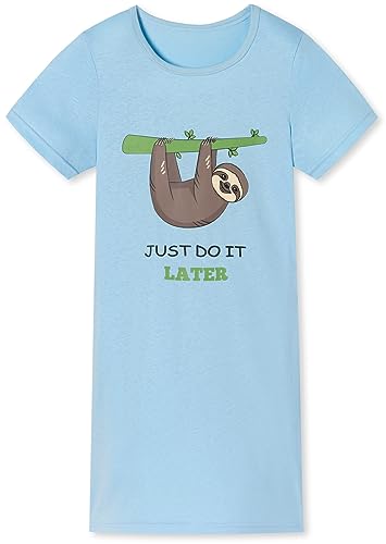 In One Clothing Mädchen Nachthemd mit kurzem Arm, weicher Single-Jersey aus 100% Bauwollle, mit Eulen oder Faultier Motivdruck - mit Faultier Motivdruck Just do it Later - hellblau 164 von In One Clothing
