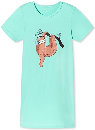 In One Clothing Mädchen Nachthemd mit kurzem Arm, weicher Single-Jersey aus 100% Bauwollle, mit Eulen oder Faultier Motivdruck - mit Faultier Motivdruck Faultier mit Kopfhörer- türkis 128 von In One Clothing