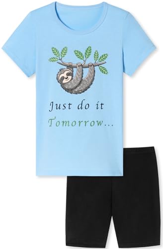 In One Clothing - Mädchen Schlafanzug kurz, weicher Single-Jersey aus 100% Baumwolle und Hose in Bermuda Form - mit Motiv Just do it - Tomorrow in hellblau Grösse 140 von In One Clothing