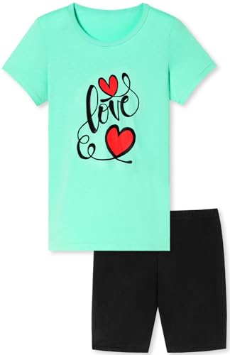 In One Clothing - Mädchen Schlafanzug kurz, weicher Single-Jersey aus 100% Baumwolle und Hose in Bermuda Form - mit Motiv Love in türkis Grösse 140 von In One Clothing