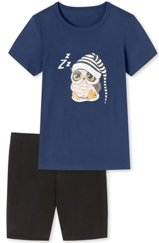 In One Clothing - Mädchen Schlafanzug kurz, weicher Single-Jersey aus 100% Baumwolle und Hose in Bermuda Form - mit Motiv Eule mit Schlafmütze in der Farbe Nachtblau Grösse 140 von In One Clothing