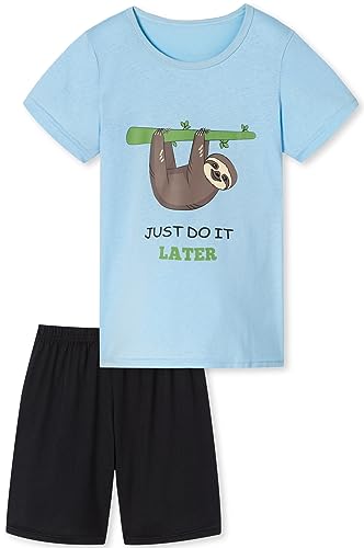 Mädchen Schlafanzug kurz, weicher Single-Jersey aus 100% Baumwolle und Hose in Bermuda Form - mit Faultier Motiv Just do it - Later - hellblau Grösse 176 von In One Clothing