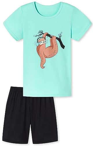 Mädchen Schlafanzug kurz, weicher Single-Jersey aus 100% Baumwolle und Hose in Bermuda Form - mit Faultier Motiv Faultier mit Kopfhörern - türkis Grösse 152 von In One Clothing