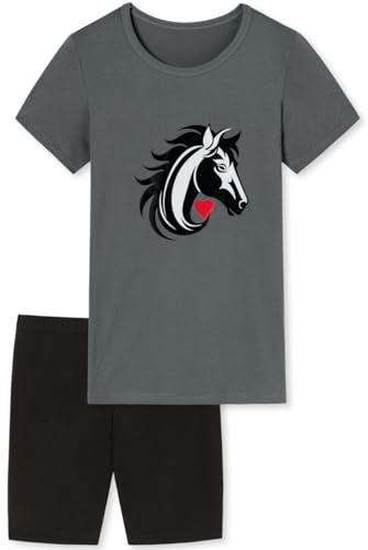In One Clothing Mädchen Schlafanzug kurz - weicher Single-Jersey aus 100% Baumwolle - mit Pferde Motiv - Graphit Grösse 128 von In One Clothing