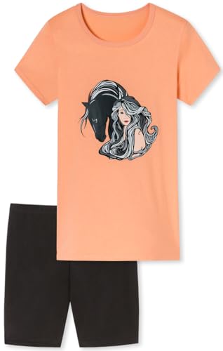 In One Clothing Mädchen Schlafanzug kurz - weicher Single-Jersey aus 100% Baumwolle - mit Pferde Motiv - apricot Grösse 140 von In One Clothing