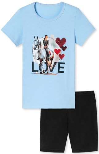 In One Clothing Mädchen Schlafanzug kurz - weicher Single-Jersey aus 100% Baumwolle - mit Pferde Motiv - hellblau Grösse 140 von In One Clothing