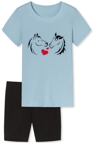 In One Clothing Mädchen Schlafanzug kurz - weicher Single-Jersey aus 100% Baumwolle - mit Pferde Motiv - hellblau Grösse 152 von In One Clothing