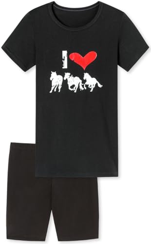 In One Clothing Mädchen Schlafanzug kurz - weicher Single-Jersey aus 100% Baumwolle - mit Pferde Motiv - schwarz Grösse 152 von In One Clothing