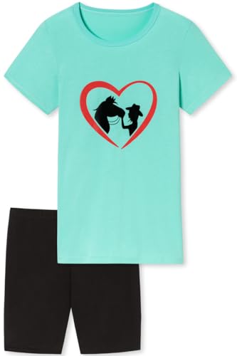 In One Clothing Mädchen Schlafanzug kurz - weicher Single-Jersey aus 100% Baumwolle - mit Pferde Motiv - türkis Grösse 164 von In One Clothing