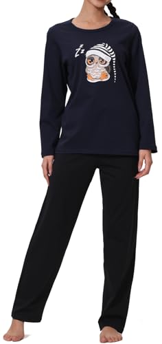 In One Clothing - Mädchen Schlafanzug lang, weicher Single-Jersey aus 100% Baumwolle - mit Motiv Eule mit Schlafmütze in Nachtblau Grösse 140 von In One Clothing