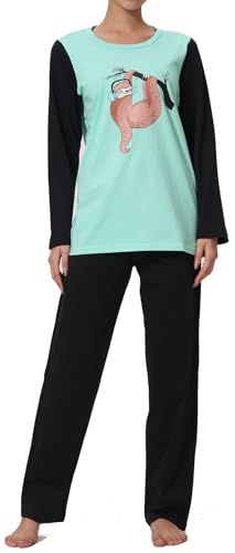 In One Clothing - Mädchen Schlafanzug lang, weicher Single-Jersey aus 100% Baumwolle - mit Motiv Faultier mit Kopfhörer in türkis Grösse 152 von In One Clothing