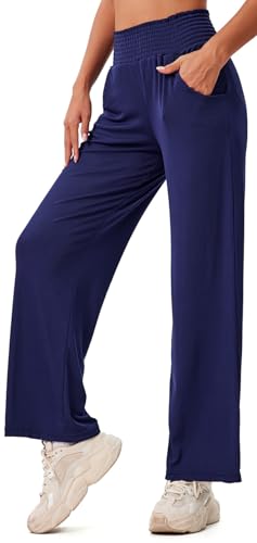 In One Clothing Palazoo Damen Hose - Outdoor und Lounge Hose - mit besonders elastischem hohem Bund und modisch weit ausgestellten Beinen, mit Seitentaschen - dunkelblau Grösse L von In One Clothing