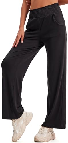 In One Clothing Palazoo Damen Hose - Outdoor und Lounge Hose - mit besonders elastischem hohem Bund und modisch weit ausgestellten Beinen, mit Seitentaschen - schwarz Grösse M von In One Clothing