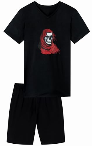 Jungen Schlafanzug kurz, aus 100% Baumwolle, mit Motiv Dark Night, V-Ausschnitt und Hose in Bermuda Form, in der Farbe schwarz - schwarz 152 von In One Clothing