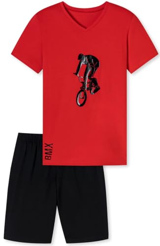 Jungen Schlafanzug kurz, aus 100% Baumwolle, mit V-Ausschnitt, BMX Rider Motiv und Hose in Bermuda Form, in der Farbe rot/schwarz - Grösse 152 von In One Clothing
