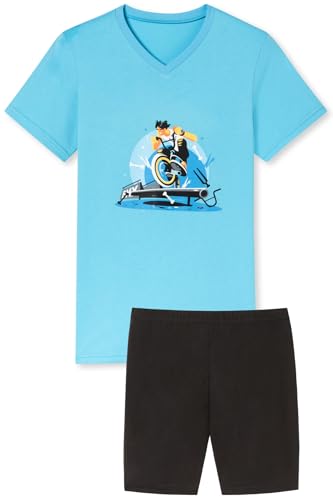 Jungen Schlafanzug kurz, weicher Single-Jersey aus 100% Baumwolle und Hose in Bermuda Form, mit BMX Motiv in hellblau - Grösse 176 von In One Clothing