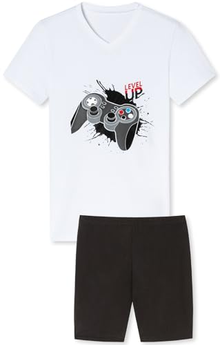 Jungen Schlafanzug kurz, weicher Single-Jersey aus 100% Baumwolle und Hose in Bermuda Form, mit Gamer Motiv Level up in Weiss - Grösse 152 von In One Clothing