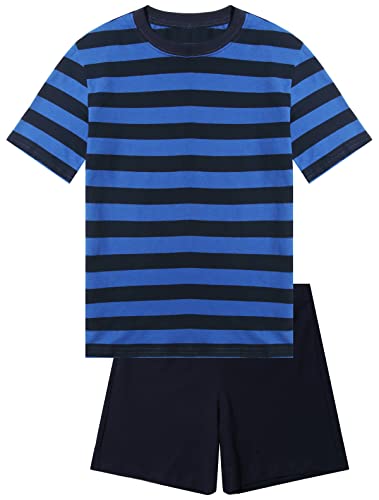 Jungen Schlafanzug kurz, weicher Single-Jersey aus 100% Baumwolle und Hose in Bermuda Form - gestreift, in dunkelblau Grösse 164 von In One Clothing