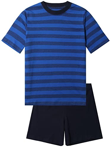 Jungen Schlafanzug kurz, weicher Single-Jersey aus 100% Baumwolle und Hose in Bermuda Form - gestreift, in dunkelblau-Melange Grösse 152 von In One Clothing