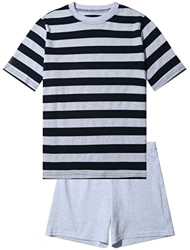 Jungen Schlafanzug kurz, weicher Single-Jersey aus 100% Baumwolle und Hose in Bermuda Form - gestreift, in hellgrau-Melange Grösse 176 von In One Clothing