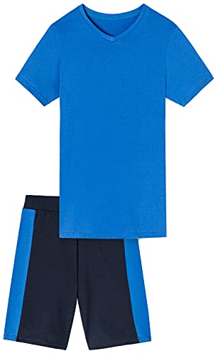 Jungen Schlafanzug kurz, weicher Single-Jersey aus 100% Baumwolle und Hose in Bermuda Form - in blau Grösse 176 von In One Clothing