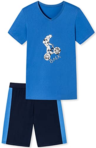 Jungen Schlafanzug kurz, weicher Single-Jersey aus 100% Baumwolle und Hose in Bermuda Form - mit BMX Motiv, in blau Grösse 164 von In One Clothing