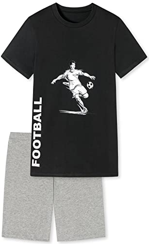 Jungen Schlafanzug kurz, weicher Single-Jersey aus 100% Baumwolle und Hose in Bermuda Form - mit Fussball Motiv, in schwarz Grösse 164 von In One Clothing