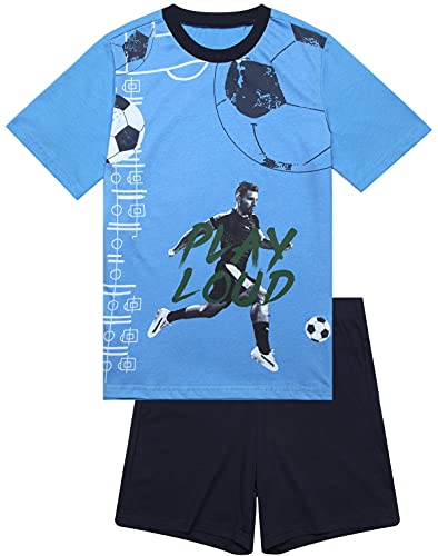 Jungen Schlafanzug kurz, weicher Single-Jersey aus 100% Baumwolle und Hose in Bermuda Form - mit Fussball Motiv Play Loud, in blau Grösse 140 von In One Clothing