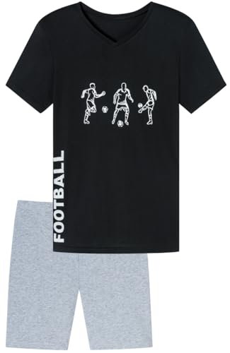 Jungen Schlafanzug kurz, weicher Single-Jersey aus 100% Baumwolle und Hose in Bermuda Form - mit Fussball Motiv Three Players, in schwarz Grösse 176 von In One Clothing