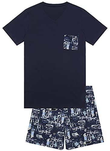 Jungen Schlafanzug kurz, weicher Single-Jersey aus 100% Baumwolle und Hose in Bermuda Form - mit Motiv Constructor, in Nachtblau Grösse 164 von In One Clothing