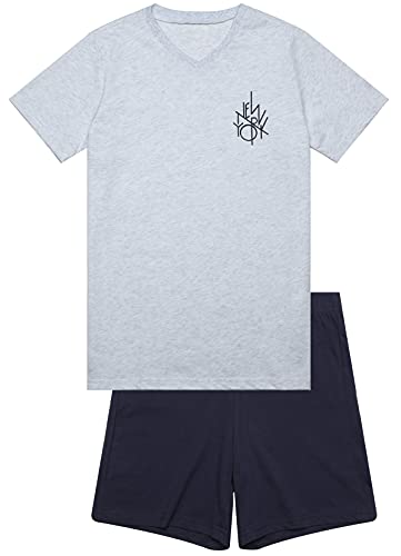 Jungen Schlafanzug kurz, weicher Single-Jersey aus 100% Baumwolle und Hose in Bermuda Form - mit Motiv New York, in Graumelange Grösse 176 von In One Clothing