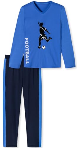 Jungen Schlafanzug lang Fussball, aus 100% Baumwolle, Oberteil in der Farbe blau mit Fussball Motiv und dunkelblau/blau gestreifter Hose - Grösse 140 von In One Clothing