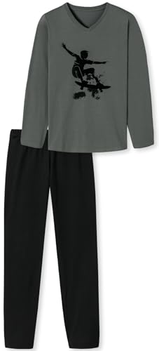 Jungen Schlafanzug lang Skater, aus 100% Baumwolle, Oberteil in der Farbe Graphit mit Skater Motiv und schwarzer Langer Hose - Grösse 164 von In One Clothing