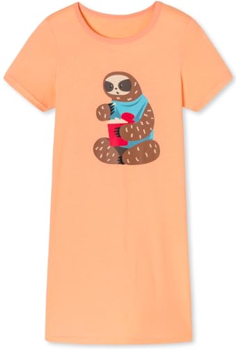 Mädchen Nachthemd mit kurzem Arm, weicher Single-Jersey aus 100% Bauwollle, mit Eulen oder Faultier Motivdruck - mit Faultier Motiv Faultier mit Popcorn in der Farbe apricot - Grösse 164 von In One Clothing