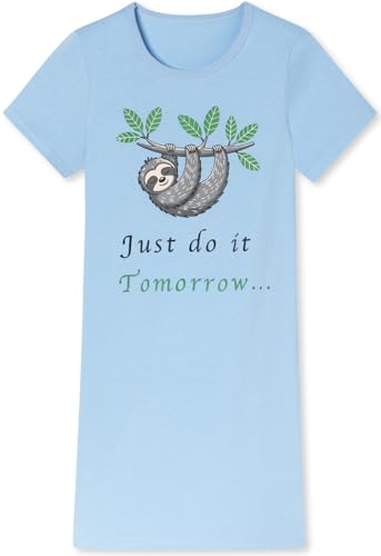 Mädchen Nachthemd mit kurzem Arm, weicher Single-Jersey aus 100% Bauwollle, mit Eulen oder Faultier Motivdruck - Motiv Just do it Tomorrow in der Farbe hellblau Grösse 152 von In One Clothing