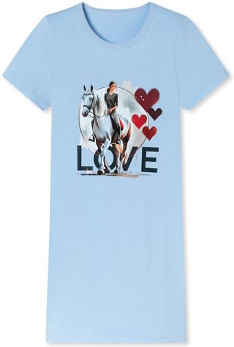 Mädchen Nachthemd mit kurzem Arm, weicher Single-Jersey aus 100% Bauwollle mit Pferde Motiv Love in der Farbe hellblau Grösse 128 von In One Clothing