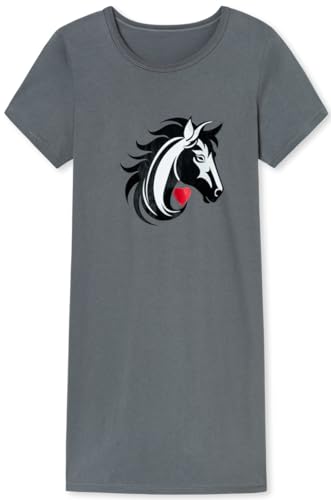 Mädchen Nachthemd mit kurzem Arm, weicher Singley Jersey aus 100% Baumwolle, mit Pferde Motiv Pferd mit Herz, in der Farbe Graphit - Grösse 176 von In One Clothing