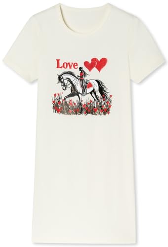 Mädchen Nachthemd mit kurzem Arm, weicher Singley Jersey aus 100% Baumwolle, mit Pferde Motiven - Mädchen auf Pferd, in der Farbe Natur - Grösse 152 von In One Clothing