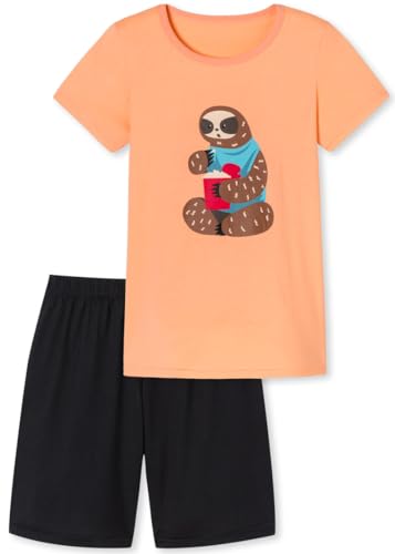 In One Clothing - Mädchen Schlafanzug kurz, weicher Single-Jersey aus 100% Baumwolle und Hose in Bermuda Form - mit Motiv Faultier mit Popcorn in der Farbe apricot Grösse 152 von In One Clothing