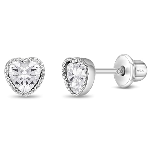 925 Sterling Silber Sicherheitsschraubverschluss Ohrringe Herz Zirkonia Ohrringe Mädchen Kleine Herz Ohrringe für Mädchen, 5mm, Sterling Silber, Zirkonia von In Season Jewelry