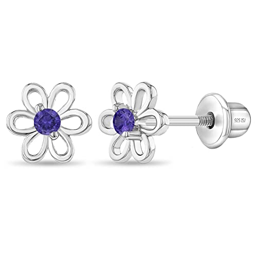 In Season Jewelry 925 Sterling Silber 6Mm Funkelnde Lila Blumenförmig CZ Zirkonia Ohrringe Mit Schraubverschluss-Hypoallergen Für Empfindliche Ohren, Hervorragend Für Kleinkinder, Kleine Mädchen von In Season Jewelry