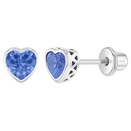 In Season Jewelry 925 Sterling Silber CZ Zirkonia Simulierte Blaue Tansanit Lünette Herz Mädchenohrringe Sicherheitsschraubverschluss Für Babys, Kleinkinder Und Kleine Mädchen Geschenkidee Für Kinder von In Season Jewelry