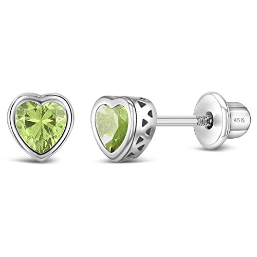 In Season Jewelry 925 Sterling Silber Cubic Zirkonia Simulierte Peridot-Lünette Herz Mädchenohrringe Sicherheitsschraubverschluss Für Babys, Kleinkinder Und Kleine Mädchen Geschenkidee Für Kinder von In Season Jewelry